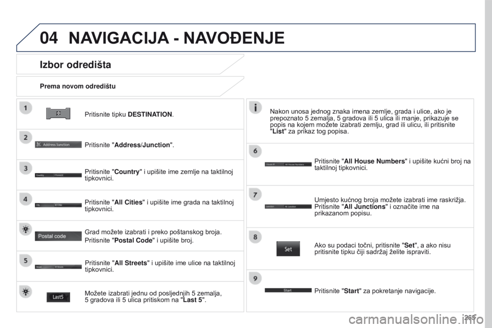 PEUGEOT 4008 2017 Upute Za Rukovanje (in Croatian) 04
265
4008_HR_CHAP10B_MITSU6_ED01-2016
Pritisnite tipku DESTINATION.
Prema novom odredištu
Izbor odredišta
Pritisnite "Address/Junction".
Pritisnite "Country" i upišite ime zemlje PEUGEOT 4008 2017 Upute Za Rukovanje (in Croatian) 04
265
4008_HR_CHAP10B_MITSU6_ED01-2016
Pritisnite tipku DESTINATION.
Prema novom odredištu
Izbor odredišta
Pritisnite "Address/Junction".
Pritisnite "Country" i upišite ime zemlje