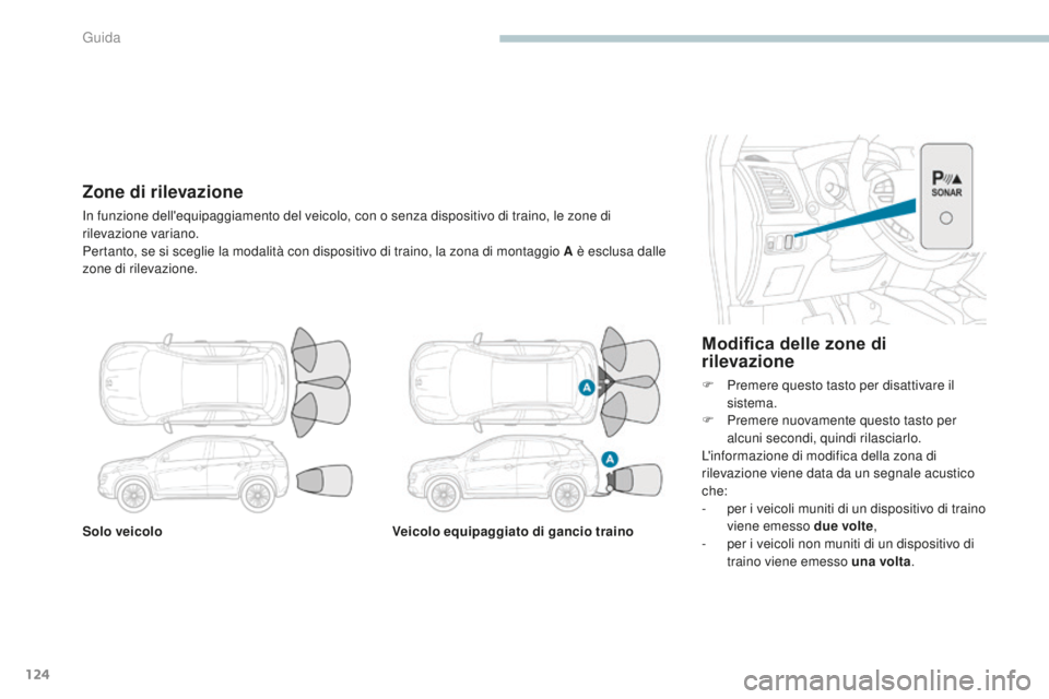 PEUGEOT 4008 2017 Manuale duso (in Italian) 124
4008_it_Chap04_conduite_ed01-2016
Solo veicoloVeicolo equipaggiato di gancio traino
Modifica delle zone di
rilevazione
F Premere questo tasto per disattivare il
sistema.
F
P
remere nuovamente PEUGEOT 4008 2017 Manuale duso (in Italian) 124
4008_it_Chap04_conduite_ed01-2016
Solo veicoloVeicolo equipaggiato di gancio traino
Modifica delle zone di
rilevazione
F Premere questo tasto per disattivare il
sistema.
F
P
remere nuovamente