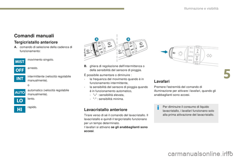 PEUGEOT 4008 2017  Manuale duso (in Italian) 135
4008_it_Chap05_Eclairage-et-visibilite_ed01-2016
Comandi manuali
Tergicristallo anteriore
B.   ghiera di regolazione dell'intermittenza o 
della sensibilità del sensore di pioggia.
Lavacrista