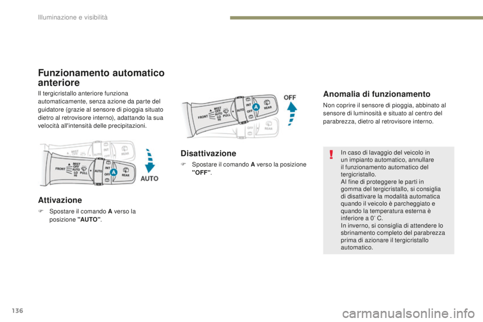 PEUGEOT 4008 2017  Manuale duso (in Italian) 136
4008_it_Chap05_Eclairage-et-visibilite_ed01-2016
Funzionamento automatico 
anteriore
Anomalia di funzionamento
Non coprire il sensore di pioggia, abbinato al 
sensore di luminosità e situato al c