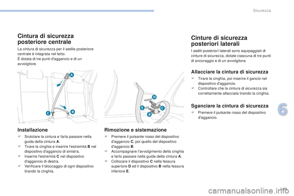 PEUGEOT 4008 2017 Manuale duso (in Italian) 149
4008_it_Chap06_securite_ed01-2016
Cintura di sicurezza
posteriore centrale
La cintura di sicurezza per il sedile posteriore
centrale è integrata nel tetto.
È dotata di tre punti d'aggancio PEUGEOT 4008 2017 Manuale duso (in Italian) 149
4008_it_Chap06_securite_ed01-2016
Cintura di sicurezza
posteriore centrale
La cintura di sicurezza per il sedile posteriore
centrale è integrata nel tetto.
È dotata di tre punti d'aggancio