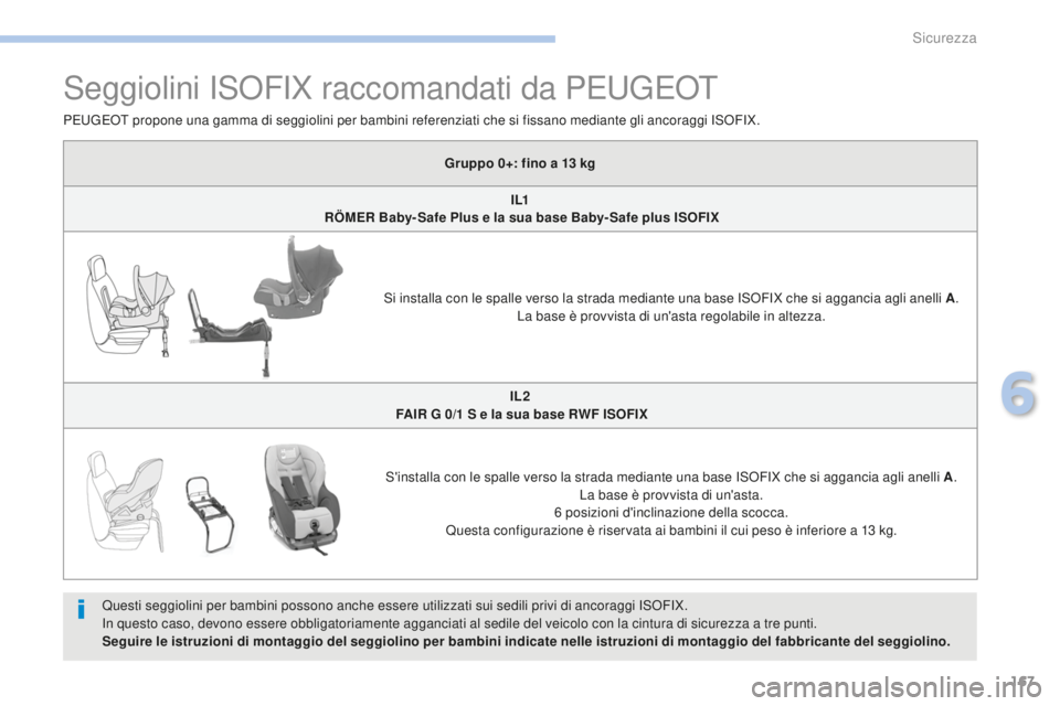 PEUGEOT 4008 2017 Manuale duso (in Italian) 167
4008_it_Chap06_securite_ed01-2016
Seggiolini ISOFIX raccomandati da PEUGEOT
Questi seggiolini per bambini possono anche essere utilizzati sui sedili privi di ancoraggi ISOFIX.
In questo caso, devo PEUGEOT 4008 2017 Manuale duso (in Italian) 167
4008_it_Chap06_securite_ed01-2016
Seggiolini ISOFIX raccomandati da PEUGEOT
Questi seggiolini per bambini possono anche essere utilizzati sui sedili privi di ancoraggi ISOFIX.
In questo caso, devo