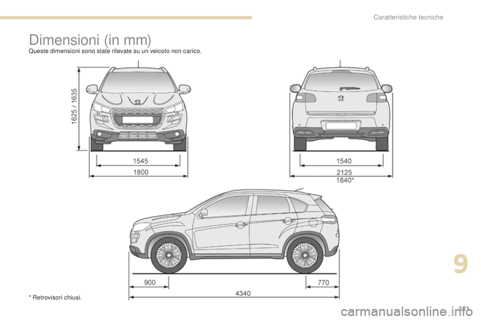 PEUGEOT 4008 2017 Manuale duso (in Italian) 231
4008_it_Chap09_caracteristiques-techniques_ed01-2016
Dimensioni (in mm)Queste dimensioni sono state rilevate su un veicolo non carico.
* Retrovisori chiusi.
9
Caratteristiche tecniche PEUGEOT 4008 2017 Manuale duso (in Italian) 231
4008_it_Chap09_caracteristiques-techniques_ed01-2016
Dimensioni (in mm)Queste dimensioni sono state rilevate su un veicolo non carico.
* Retrovisori chiusi.
9
Caratteristiche tecniche