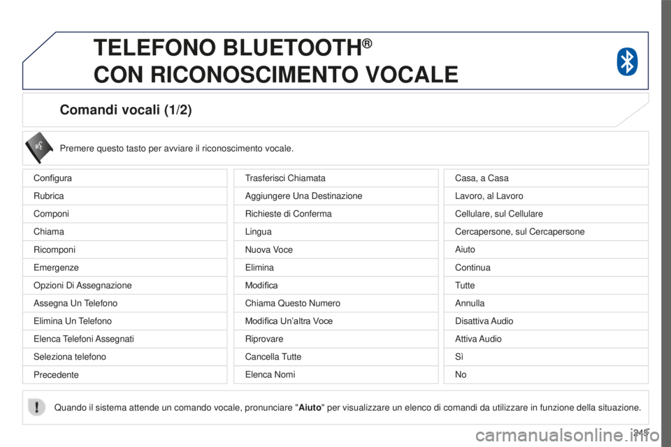 PEUGEOT 4008 2017 Manuale duso (in Italian) 245
4008_it_Chap10a_Mitsu3_ed01-2016
Comandi vocali (1/2)
Configura
Rubrica
Componi
Chiama
Ricomponi
Emergenze
Opzioni Di Assegnazione
Assegna Un Telefono
Elimina Un Telefono
Elenca Telefoni Assegnat PEUGEOT 4008 2017 Manuale duso (in Italian) 245
4008_it_Chap10a_Mitsu3_ed01-2016
Comandi vocali (1/2)
Configura
Rubrica
Componi
Chiama
Ricomponi
Emergenze
Opzioni Di Assegnazione
Assegna Un Telefono
Elimina Un Telefono
Elenca Telefoni Assegnat