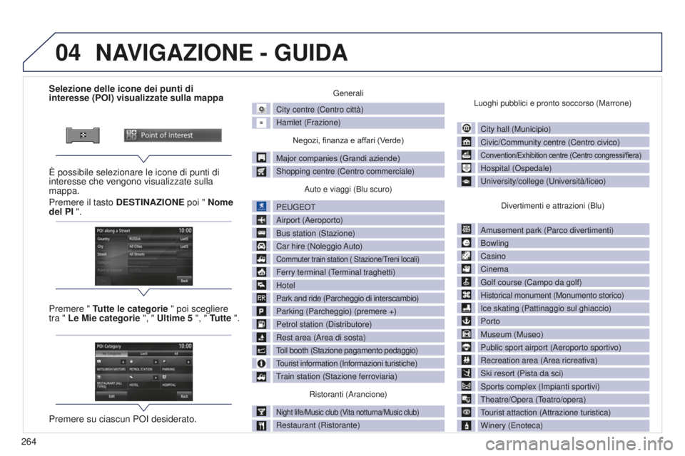 PEUGEOT 4008 2017 Manuale duso (in Italian) 04
264
4008_IT_CHAP10B_MITSU6_ED01-2016
Selezione delle icone dei punti di
interesse (POI) visualizzate sulla mappa
È possibile selezionare le icone di punti di
interesse che vengono visualizzate s PEUGEOT 4008 2017 Manuale duso (in Italian) 04
264
4008_IT_CHAP10B_MITSU6_ED01-2016
Selezione delle icone dei punti di
interesse (POI) visualizzate sulla mappa
È possibile selezionare le icone di punti di
interesse che vengono visualizzate s