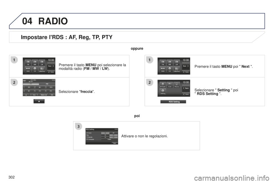 PEUGEOT 4008 2017 Manuale duso (in Italian) 04
302
Impostare l'RDS : AF, Reg, TP, PTY
Selezionare "freccia". Selezionare "
Setting " poi
" RDS Setting ". Premere il tasto MENU poi " Next ".
RADIO
oppure
poi PEUGEOT 4008 2017 Manuale duso (in Italian) 04
302
Impostare l'RDS : AF, Reg, TP, PTY
Selezionare "freccia". Selezionare "
Setting " poi
" RDS Setting ". Premere il tasto MENU poi " Next ".
RADIO
oppure
poi