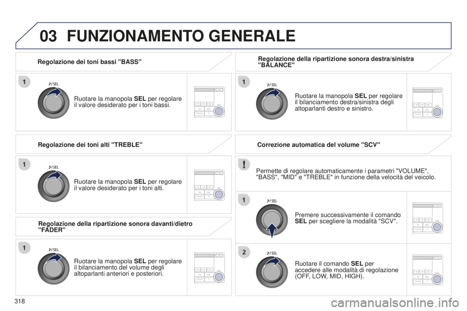 PEUGEOT 4008 2017 Manuale duso (in Italian) 03
318
4008_it_Chap10d_Mitsu4_ed01-2016
Regolazione dei toni bassi "BASS"Ruotare la manopola SEL per regolare
il valore desiderato per i toni bassi.
FUNZIONAMENTO GENERALE
Ruotare la manopol PEUGEOT 4008 2017 Manuale duso (in Italian) 03
318
4008_it_Chap10d_Mitsu4_ed01-2016
Regolazione dei toni bassi "BASS"Ruotare la manopola SEL per regolare
il valore desiderato per i toni bassi.
FUNZIONAMENTO GENERALE
Ruotare la manopol