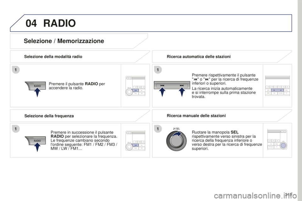 PEUGEOT 4008 2017  Manuale duso (in Italian) 04
319
4008_it_Chap10d_Mitsu4_ed01-2016
RADIO
Selezione della modalità radioPremere il pulsante  RADIO per 
accendere la radio.
Premere in successione il pulsante 
RADIO per selezionare la frequenza.