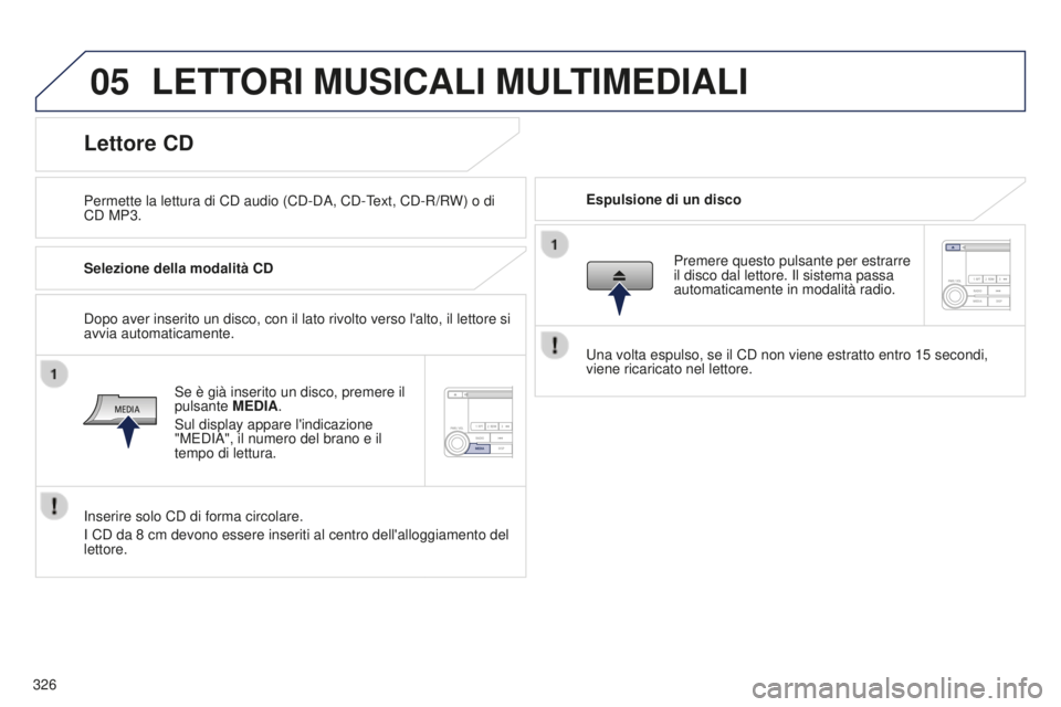 PEUGEOT 4008 2017  Manuale duso (in Italian) 05
326
4008_it_Chap10d_Mitsu4_ed01-2016
LETTORI MUSICALI MULTIMEDIALI
Permette la lettura di CD audio (CD-DA, CD-Text, CD-R/RW) o di 
CD MP3.Espulsione di un disco
Lettore CD
Selezione della modalità