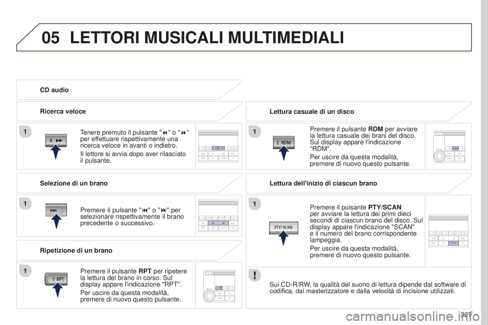 PEUGEOT 4008 2017  Manuale duso (in Italian) 05
327
4008_it_Chap10d_Mitsu4_ed01-2016
LETTORI MUSICALI MULTIMEDIALI
Lettura casuale di un discoPremere il pulsante  RDM per avviare 
la lettura casuale dei brani del disco. 
Sul display appare l'
