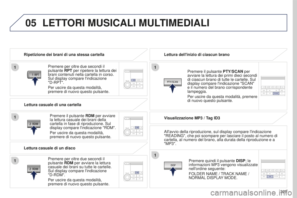 PEUGEOT 4008 2017 Manuale duso (in Italian) 05
329
4008_it_Chap10d_Mitsu4_ed01-2016
LETTORI MUSICALI MULTIMEDIALI
Ripetizione dei brani di una stessa cartellaPremere per oltre due secondi il
pulsante RPT per ripetere la lettura dei
brani cont PEUGEOT 4008 2017 Manuale duso (in Italian) 05
329
4008_it_Chap10d_Mitsu4_ed01-2016
LETTORI MUSICALI MULTIMEDIALI
Ripetizione dei brani di una stessa cartellaPremere per oltre due secondi il
pulsante RPT per ripetere la lettura dei
brani cont