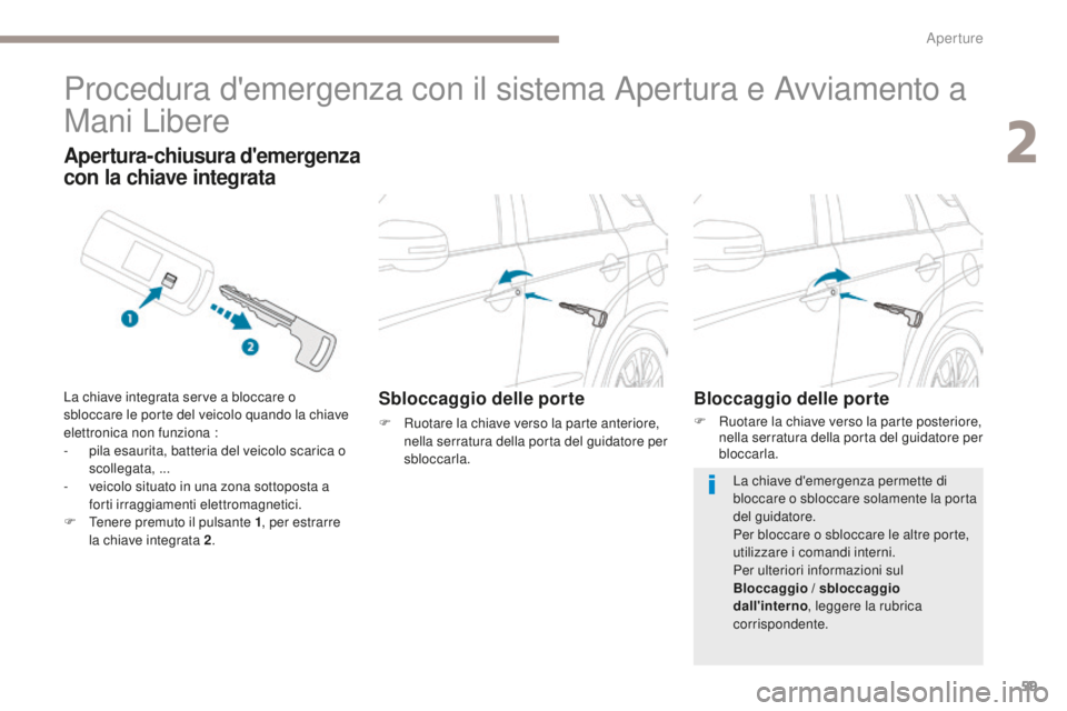 PEUGEOT 4008 2017 Manuale duso (in Italian) 59
4008_it_Chap02_ouvertures_ed01-2016
Procedura d'emergenza con il sistema Apertura e Avviamento a
Mani Libere
Sbloccaggio delle porte
F Ruotare la chiave verso la parte anteriore, nella serratu PEUGEOT 4008 2017 Manuale duso (in Italian) 59
4008_it_Chap02_ouvertures_ed01-2016
Procedura d'emergenza con il sistema Apertura e Avviamento a
Mani Libere
Sbloccaggio delle porte
F Ruotare la chiave verso la parte anteriore, nella serratu