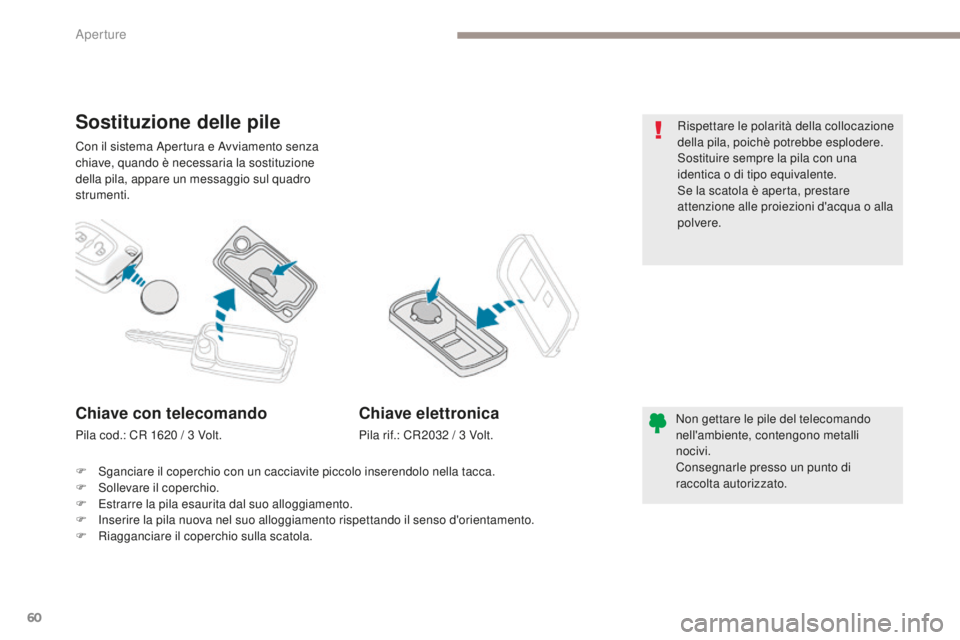PEUGEOT 4008 2017 Manuale duso (in Italian) 60
4008_it_Chap02_ouvertures_ed01-2016
Con il sistema Apertura e Avviamento senza
chiave, quando è necessaria la sostituzione
della pila, appare un messaggio sul quadro
strumenti.
Sostituzione del PEUGEOT 4008 2017 Manuale duso (in Italian) 60
4008_it_Chap02_ouvertures_ed01-2016
Con il sistema Apertura e Avviamento senza
chiave, quando è necessaria la sostituzione
della pila, appare un messaggio sul quadro
strumenti.
Sostituzione del