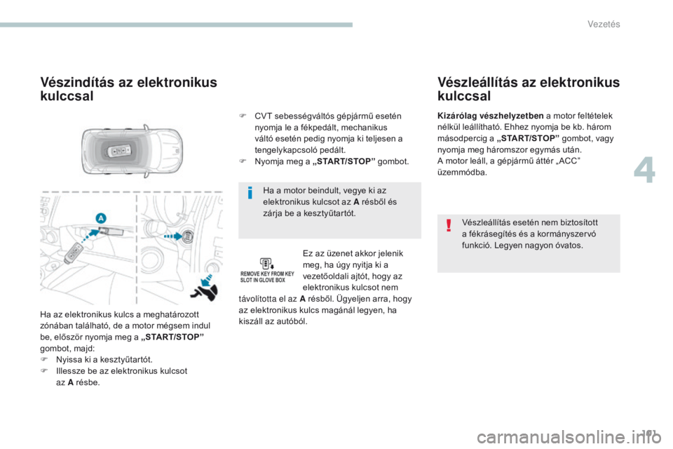 PEUGEOT 4008 2017 Kezelési útmutató (in Hungarian) 101
4008_hu_Chap04_conduite_ed01-2016
Ha a motor beindult, vegye ki az
elektronikus kulcsot az A résből és
zárja be a kesztyűtartót.
Vészindítás az elektronikus
kulccsal
Ez az üzenet akko PEUGEOT 4008 2017 Kezelési útmutató (in Hungarian) 101
4008_hu_Chap04_conduite_ed01-2016
Ha a motor beindult, vegye ki az
elektronikus kulcsot az A résből és
zárja be a kesztyűtartót.
Vészindítás az elektronikus
kulccsal
Ez az üzenet akko