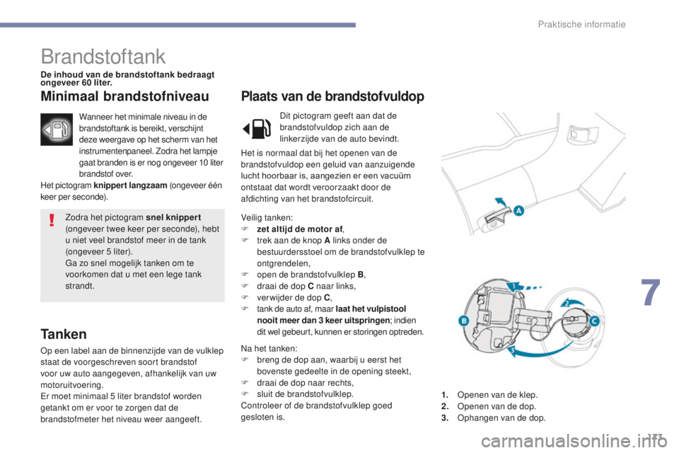PEUGEOT 4008 2017  Instructieboekje (in Dutch) 173
4008_nl_Chap07_info-pratiques_ed01-2016
Zodra het pictogram snel knippert 
(ongeveer twee keer per seconde), hebt 
u niet veel brandstof meer in de tank 
(ongeveer 5
 

liter).
Ga zo snel mogelijk