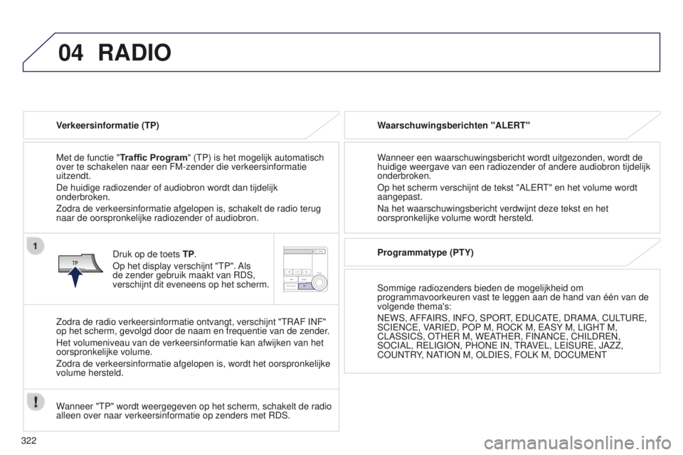PEUGEOT 4008 2017 Instructieboekje (in Dutch) 04
322
4008_nl_Chap10d_Mitsu4_ed01-2016
RADIO
Verkeersinformatie (TP)
Met de functie "Traffi c Program" (TP) is het mogelijk automatisch
over te schakelen naar een FM-zender die verkeersinfor PEUGEOT 4008 2017 Instructieboekje (in Dutch) 04
322
4008_nl_Chap10d_Mitsu4_ed01-2016
RADIO
Verkeersinformatie (TP)
Met de functie "Traffi c Program" (TP) is het mogelijk automatisch
over te schakelen naar een FM-zender die verkeersinfor