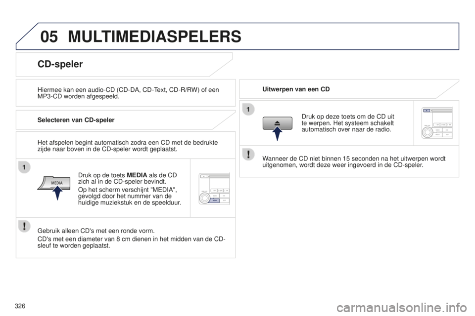 PEUGEOT 4008 2017 Instructieboekje (in Dutch) 05
326
4008_nl_Chap10d_Mitsu4_ed01-2016
MULTIMEDIASPELERS
Hiermee kan een audio-CD (CD-DA, CD-Text, CD-R/RW) of een
MP3-CD worden afgespeeld.Uitwerpen van een CD
CD-speler
Selecteren van CD-speler
Dr PEUGEOT 4008 2017 Instructieboekje (in Dutch) 05
326
4008_nl_Chap10d_Mitsu4_ed01-2016
MULTIMEDIASPELERS
Hiermee kan een audio-CD (CD-DA, CD-Text, CD-R/RW) of een
MP3-CD worden afgespeeld.Uitwerpen van een CD
CD-speler
Selecteren van CD-speler
Dr
