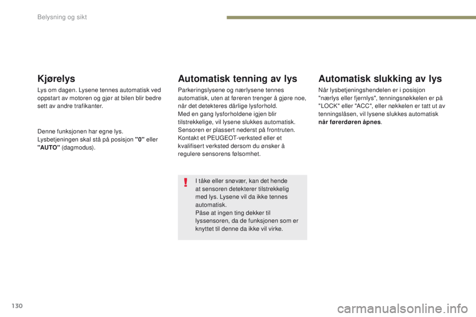 PEUGEOT 4008 2017  Instruksjoner for bruk (in Norwegian) 130
4008_no_Chap05_Eclairage-et-visibilite_ed01-2016
I tåke eller snøvær, kan det hende 
at sensoren detekterer tilstrekkelig 
med lys. Lysene vil da ikke tennes 
automatisk.
PÃ¥se at ingen ting de PEUGEOT 4008 2017  Instruksjoner for bruk (in Norwegian) 130
4008_no_Chap05_Eclairage-et-visibilite_ed01-2016
I tåke eller snøvær, kan det hende 
at sensoren detekterer tilstrekkelig 
med lys. Lysene vil da ikke tennes 
automatisk.
PÃ¥se at ingen ting de