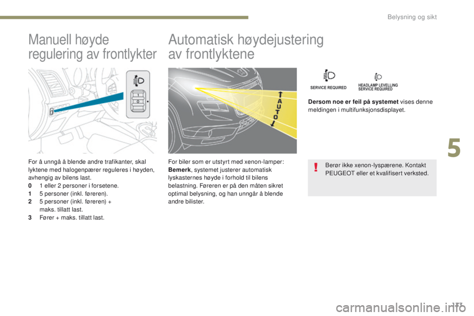 PEUGEOT 4008 2017  Instruksjoner for bruk (in Norwegian) 133
4008_no_Chap05_Eclairage-et-visibilite_ed01-2016
For å unngå å blende andre trafikanter, skal 
lyktene med halogenpærer reguleres i høyden, 
avhengig av bilens last.
0 
1
   eller 2   persone PEUGEOT 4008 2017  Instruksjoner for bruk (in Norwegian) 133
4008_no_Chap05_Eclairage-et-visibilite_ed01-2016
For å unngå å blende andre trafikanter, skal 
lyktene med halogenpærer reguleres i høyden, 
avhengig av bilens last.
0 
1
   eller 2   persone