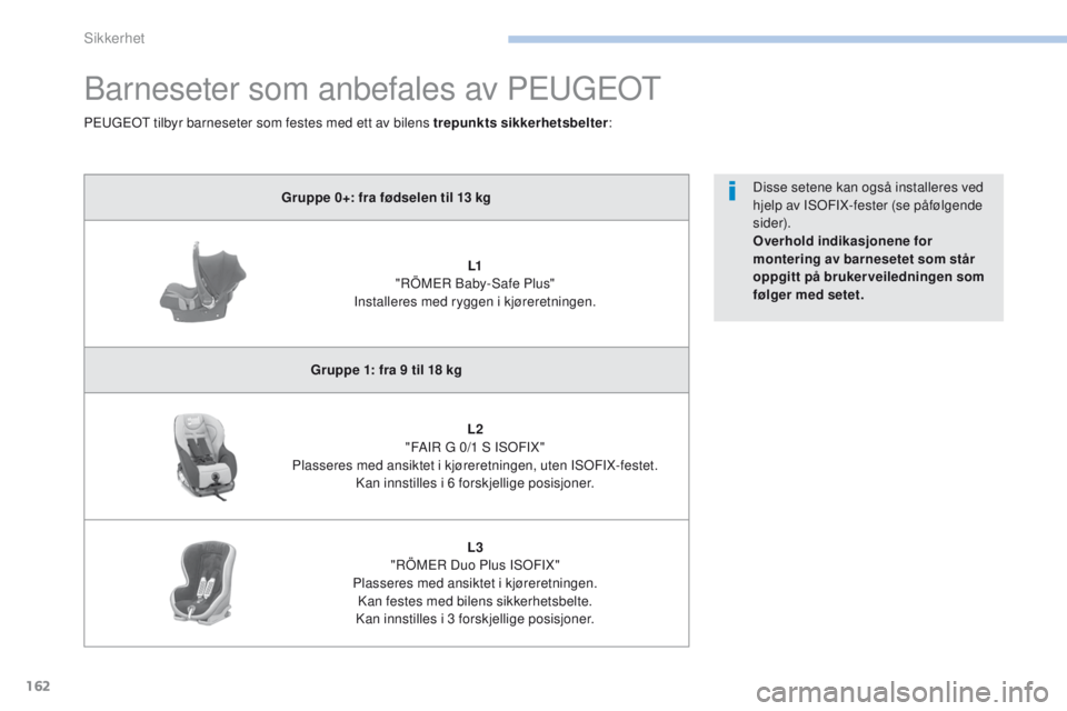 PEUGEOT 4008 2017  Instruksjoner for bruk (in Norwegian) 162
4008_no_Chap06_securite_ed01-2016
Barneseter som anbefales av Peugeot
Gruppe 0+: fra fødselen til 13 kg
L1
 "
RÖM
eR B
 aby-Safe Plus" 
Installeres med ryggen i kjøreretningen.
Gruppe  PEUGEOT 4008 2017  Instruksjoner for bruk (in Norwegian) 162
4008_no_Chap06_securite_ed01-2016
Barneseter som anbefales av Peugeot
Gruppe 0+: fra fødselen til 13 kg
L1
 "
RÖM
eR B
 aby-Safe Plus" 
Installeres med ryggen i kjøreretningen.
Gruppe