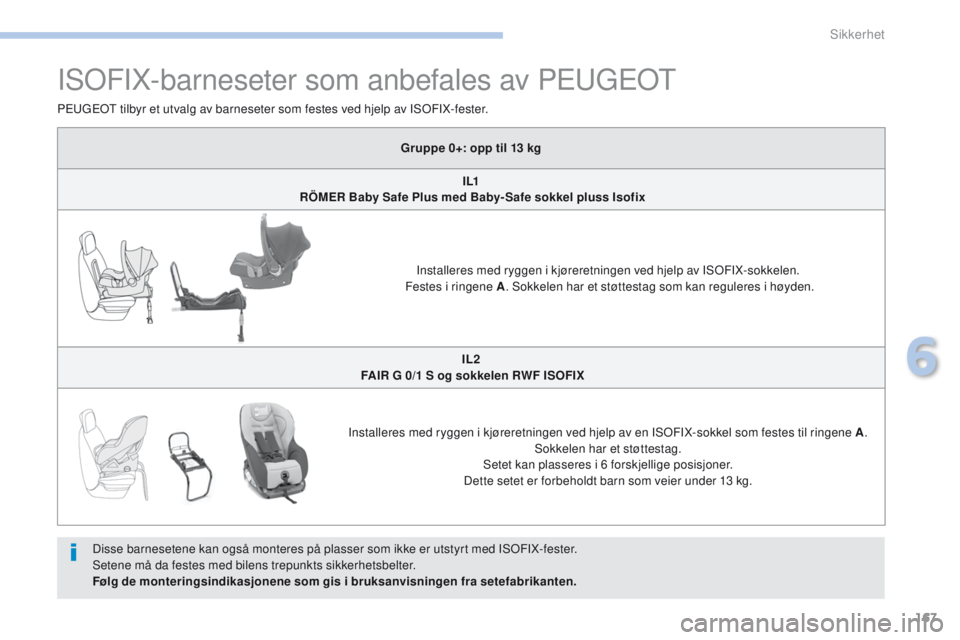 PEUGEOT 4008 2017  Instruksjoner for bruk (in Norwegian) 167
4008_no_Chap06_securite_ed01-2016
ISoFIX-barneseter som anbefales av Peugeot
Disse barnesetene kan også monteres på plasser som ikke er utstyrt med ISoF IX-fester.
Setene må da festes med bilen PEUGEOT 4008 2017  Instruksjoner for bruk (in Norwegian) 167
4008_no_Chap06_securite_ed01-2016
ISoFIX-barneseter som anbefales av Peugeot
Disse barnesetene kan også monteres på plasser som ikke er utstyrt med ISoF IX-fester.
Setene må da festes med bilen