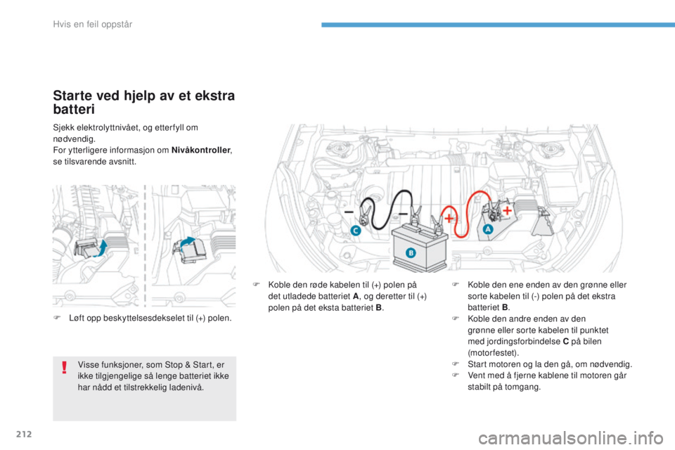 PEUGEOT 4008 2017  Instruksjoner for bruk (in Norwegian) 212
4008_no_Chap08_en-cas-de panne_ed01-2016
Sjekk elektrolyttnivået, og etter fyll om 
nødvendig.
For ytterligere informasjon om Nivåkontroller , 
se tilsvarende avsnitt.
Starte ved hjelp av et ek PEUGEOT 4008 2017  Instruksjoner for bruk (in Norwegian) 212
4008_no_Chap08_en-cas-de panne_ed01-2016
Sjekk elektrolyttnivået, og etter fyll om 
nødvendig.
For ytterligere informasjon om Nivåkontroller , 
se tilsvarende avsnitt.
Starte ved hjelp av et ek
