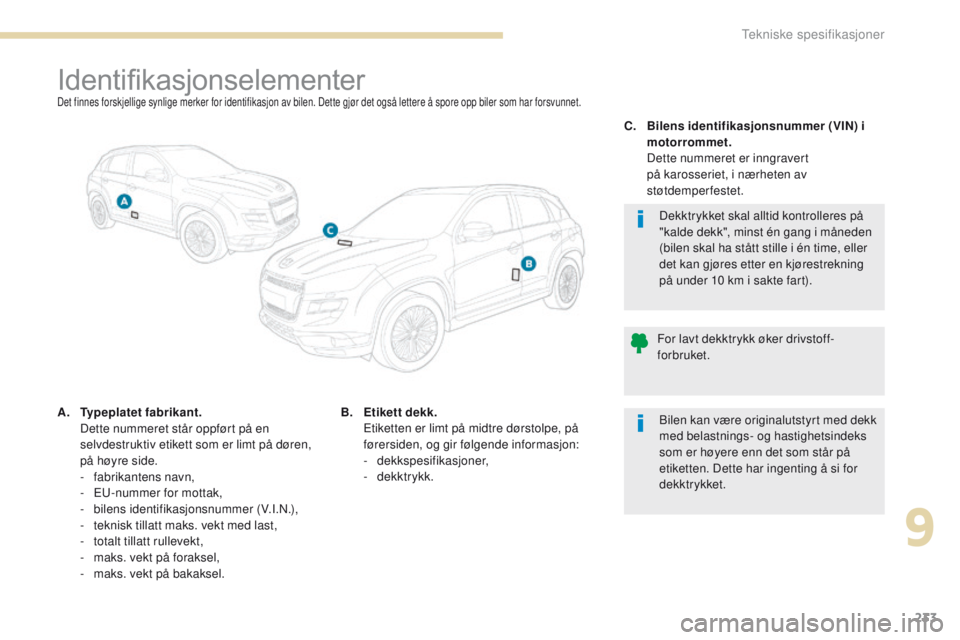 PEUGEOT 4008 2017  Instruksjoner for bruk (in Norwegian) 233
4008_no_Chap09_caracteristiques-techniques_ed01-2016
IdentifikasjonselementerDet finnes forskjellige synlige merker for identifikasjon av bilen. Dette gjør det også lettere å spore opp biler so PEUGEOT 4008 2017  Instruksjoner for bruk (in Norwegian) 233
4008_no_Chap09_caracteristiques-techniques_ed01-2016
IdentifikasjonselementerDet finnes forskjellige synlige merker for identifikasjon av bilen. Dette gjør det også lettere å spore opp biler so