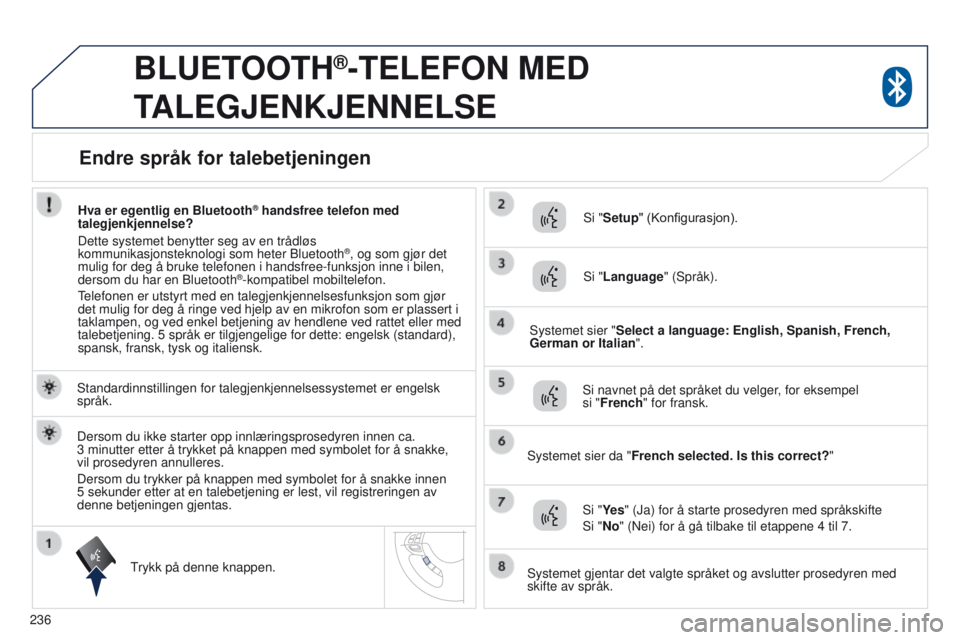 PEUGEOT 4008 2017  Instruksjoner for bruk (in Norwegian) 236
4008_no_Chap10a_Mitsu3_ed01-2016
BLUETOOTH®-TELEFON MED 
T
ALEGJENKJENNELSE
Standardinnstillingen for talegjenkjennelsessystemet er engelsk 
språk.
trykk på denne knappen. Si "
Setup" PEUGEOT 4008 2017  Instruksjoner for bruk (in Norwegian) 236
4008_no_Chap10a_Mitsu3_ed01-2016
BLUETOOTH®-TELEFON MED 
T
ALEGJENKJENNELSE
Standardinnstillingen for talegjenkjennelsessystemet er engelsk 
språk.
trykk på denne knappen. Si "
Setup"