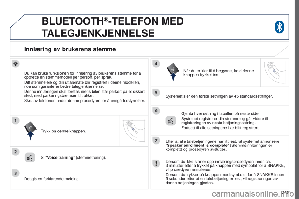 PEUGEOT 4008 2017  Instruksjoner for bruk (in Norwegian) 237
4008_no_Chap10a_Mitsu3_ed01-2016
BLUETOOTH®-TELEFON MED 
T
ALEGJENKJENNELSE
Innlæring av brukerens stemme
Du kan bruke funksjonen for innlæring av brukerens stemme for å 
opprette en stemmemo PEUGEOT 4008 2017  Instruksjoner for bruk (in Norwegian) 237
4008_no_Chap10a_Mitsu3_ed01-2016
BLUETOOTH®-TELEFON MED 
T
ALEGJENKJENNELSE
Innlæring av brukerens stemme
Du kan bruke funksjonen for innlæring av brukerens stemme for å 
opprette en stemmemo