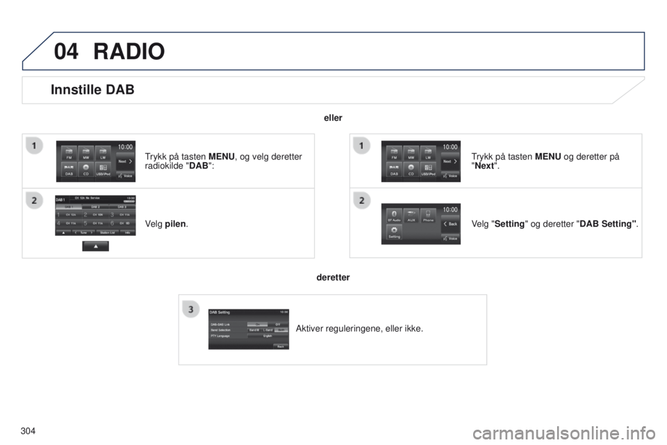 PEUGEOT 4008 2017  Instruksjoner for bruk (in Norwegian) 04
304
Innstille DAB
Velg pilen.
trykk på tasten 
MENU, og velg deretter 
radiokilde " DAB":
Velg "Setting" og deretter "DAB Setting".
trykk på tasten 
 MENU og deretter på  PEUGEOT 4008 2017  Instruksjoner for bruk (in Norwegian) 04
304
Innstille DAB
Velg pilen.
trykk på tasten 
MENU, og velg deretter 
radiokilde " DAB":
Velg "Setting" og deretter "DAB Setting".
trykk på tasten 
 MENU og deretter på