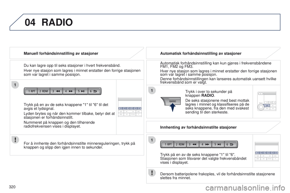 PEUGEOT 4008 2017  Instruksjoner for bruk (in Norwegian) 04
320
4008_no_Chap10d_Mitsu4_ed01-2016
trykk på en av de seks knappene "1" til "6" til det 
avgis et lydsignal.
L
yden brytes og når den kommer tilbake, betyr det at 
stasjonen er f