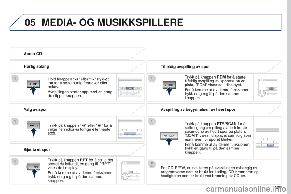 PEUGEOT 4008 2017  Instruksjoner for bruk (in Norwegian) 05
327
4008_no_Chap10d_Mitsu4_ed01-2016
MEDIA- OG MUSIKKSPILLERE
Tilfeldig avspilling av spor
trykk på knappen RDM

 for å starte 
tilfeldig avspilling av sporene på en 
plate. "RDM" vises 