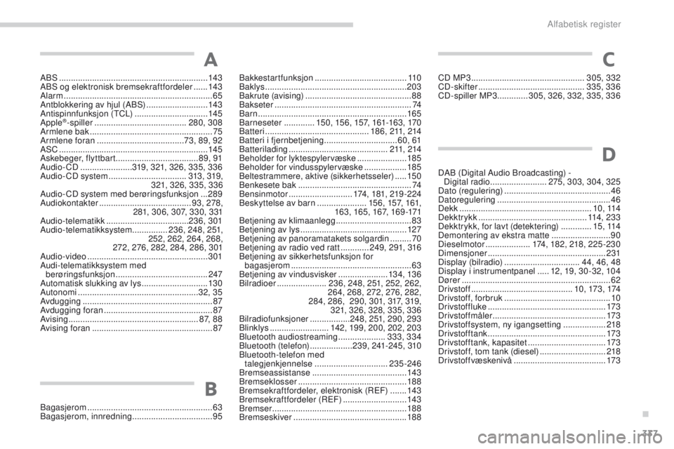 PEUGEOT 4008 2017  Instruksjoner for bruk (in Norwegian) 337
4008_no_Chap11_index-alpha_ed01-2016
ABS ...............................................................143
ABS og elektronisk bremsekraftfordeler ...... 14
3
Alarm
 

............................
