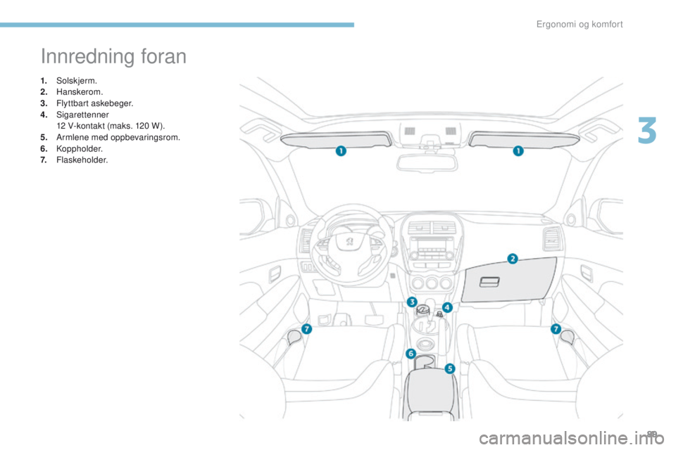 PEUGEOT 4008 2017  Instruksjoner for bruk (in Norwegian) 89
4008_no_Chap03_Ergonomie-et-confort_ed01-2016
Innredning foran
1. Solskjerm.
2. H anskerom.
3.
 F
lyttbart askebeger.
4.
 S
igarettenner
 1
2   V-kontakt (maks. 120   W).
5.
 A
rmlene med oppbe PEUGEOT 4008 2017  Instruksjoner for bruk (in Norwegian) 89
4008_no_Chap03_Ergonomie-et-confort_ed01-2016
Innredning foran
1. Solskjerm.
2. H anskerom.
3.
 F
lyttbart askebeger.
4.
 S
igarettenner
 1
2   V-kontakt (maks. 120   W).
5.
 A
rmlene med oppbe