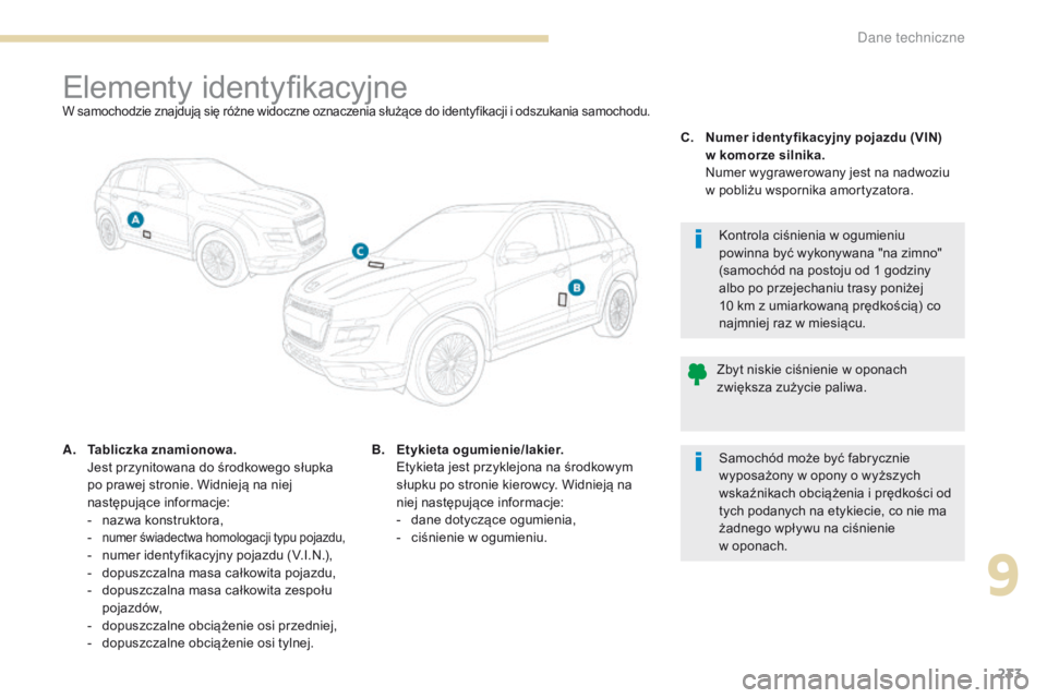PEUGEOT 4008 2017 Instrukcja obsługi (in Polish) 233
4008_pl_Chap09_caracteristiques-techniques_ed01-2016
Elementy identyfikacyjneW samochodzie znajdują się różne widoczne oznaczenia służące do identyfikacji i odszukania samochodu.
A. Tablicz PEUGEOT 4008 2017 Instrukcja obsługi (in Polish) 233
4008_pl_Chap09_caracteristiques-techniques_ed01-2016
Elementy identyfikacyjneW samochodzie znajdują się różne widoczne oznaczenia służące do identyfikacji i odszukania samochodu.
A. Tablicz