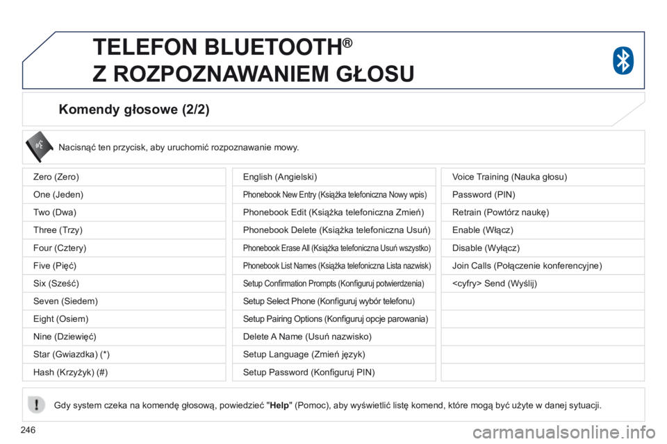 PEUGEOT 4008 2017 Instrukcja obsługi (in Polish) 246
4008_pl_Chap10a_Mitsu3_ed01-2016
Komendy głosowe (2/2)
Nacisnąć ten przycisk, aby uruchomić rozpoznawanie mowy.
Gdy system czeka na komendę głosową, powiedzieć " Help" (Pomoc), aby PEUGEOT 4008 2017 Instrukcja obsługi (in Polish) 246
4008_pl_Chap10a_Mitsu3_ed01-2016
Komendy głosowe (2/2)
Nacisnąć ten przycisk, aby uruchomić rozpoznawanie mowy.
Gdy system czeka na komendę głosową, powiedzieć " Help" (Pomoc), aby