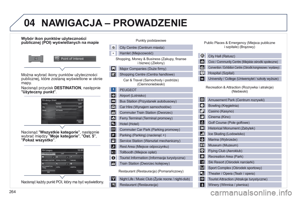 PEUGEOT 4008 2017  Instrukcja obsługi (in Polish) 04
264
4008_PL_CHAP10B_MITSU6_ED01-2016
Wybór ikon punktów użyteczności 
publicznej (POI) wyświetlanych na mapie
Można wybrać ikony punktów użyteczności 
publicznej, które zostaną wyświet