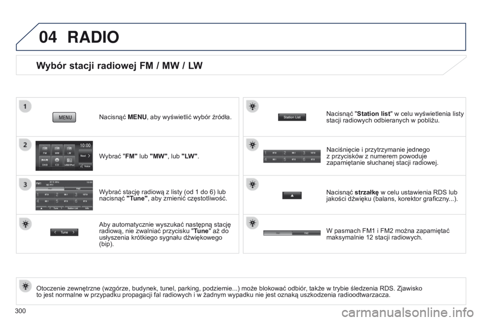 PEUGEOT 4008 2017  Instrukcja obsługi (in Polish) 04
300
Wybór stacji radiowej FM / MW / LW
Otoczenie zewnętrzne (wzgórze, budynek, tunel, parking, podziemie...) może blokować odbiór, także w   trybie śledzenia RDS. Zjawisko 
to jest normalne