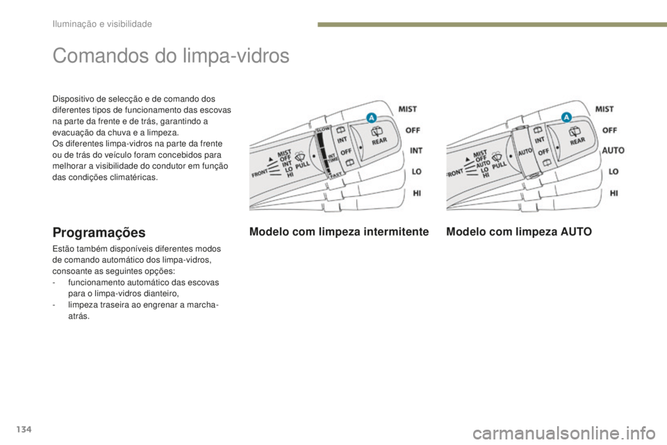 PEUGEOT 4008 2017  Manual de utilização (in Portuguese) 134
4008_pt_Chap05_Eclairage-et-visibilite_ed01-2016
Dispositivo de selecção e de comando dos 
diferentes tipos de funcionamento das escovas 
na parte da frente e de trás, garantindo a 
evacuação