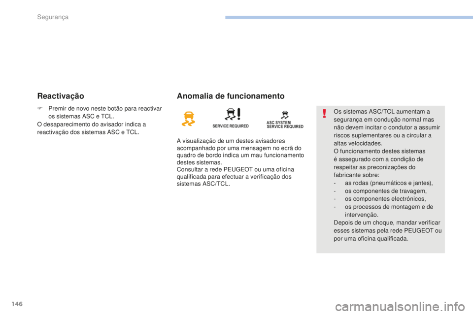 PEUGEOT 4008 2017  Manual de utilização (in Portuguese) 146
4008_pt_Chap06_securite_ed01-2016
ReactivaçãoAnomalia de funcionamento
A visualização de um destes avisadores 
acompanhado por uma mensagem no ecrã do 
quadro de bordo indica um mau funcionam