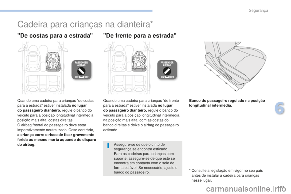 PEUGEOT 4008 2017 Manual de utilização (in Portuguese) 157
4008_pt_Chap06_securite_ed01-2016
Cadeira para crianças na dianteira*
"De costas para a estrada" "De frente para a estrada"
Quando uma cadeira para crianças "de costas
para PEUGEOT 4008 2017 Manual de utilização (in Portuguese) 157
4008_pt_Chap06_securite_ed01-2016
Cadeira para crianças na dianteira*
"De costas para a estrada" "De frente para a estrada"
Quando uma cadeira para crianças "de costas
para