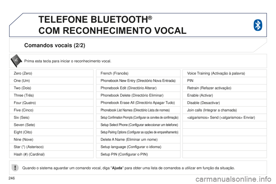 PEUGEOT 4008 2017  Manual de utilização (in Portuguese) 246
4008_pt_Chap10a_Mitsu3_ed01-2016
Comandos vocais (2/2)
Prima esta tecla para iniciar o reconhecimento vocal.
Quando o sistema aguardar um comando vocal, diga " Ajuda" para obter uma lista 