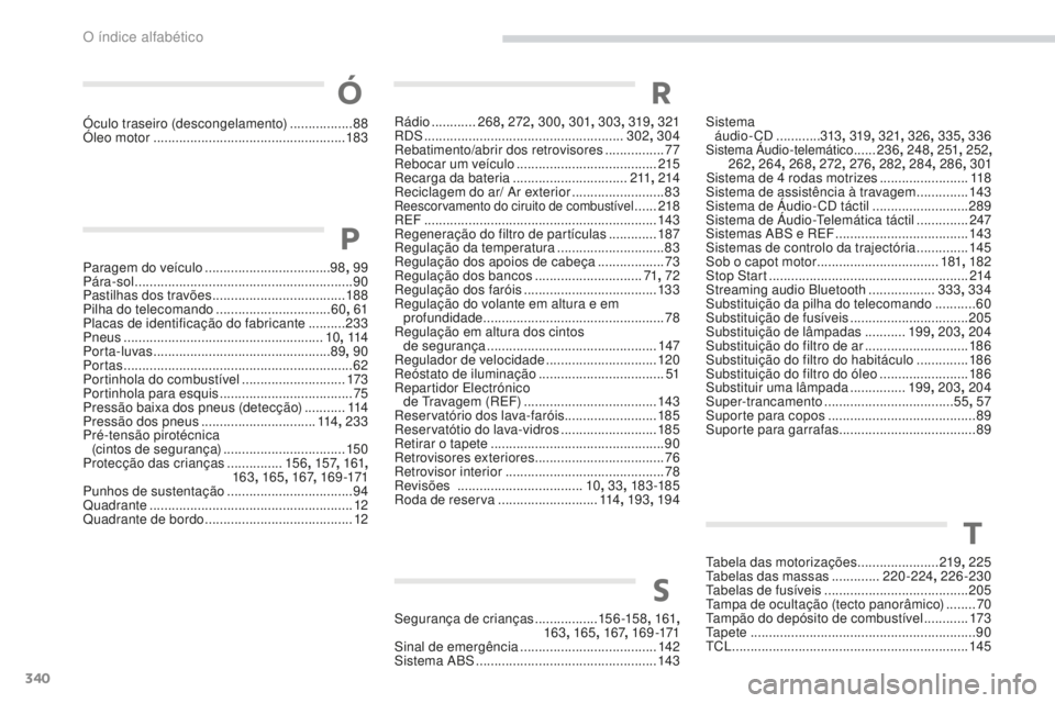 PEUGEOT 4008 2017 Manual de utilização (in Portuguese) 340
4008_pt_Chap11_index-alpha_ed01-2016
Rádio ............ 268, 272 , 300 , 301, 303 , 319, 321
RDS ...................................................... 302, 304
Rebatimento/abrir dos retrovisore PEUGEOT 4008 2017 Manual de utilização (in Portuguese) 340
4008_pt_Chap11_index-alpha_ed01-2016
Rádio ............ 268, 272 , 300 , 301, 303 , 319, 321
RDS ...................................................... 302, 304
Rebatimento/abrir dos retrovisore