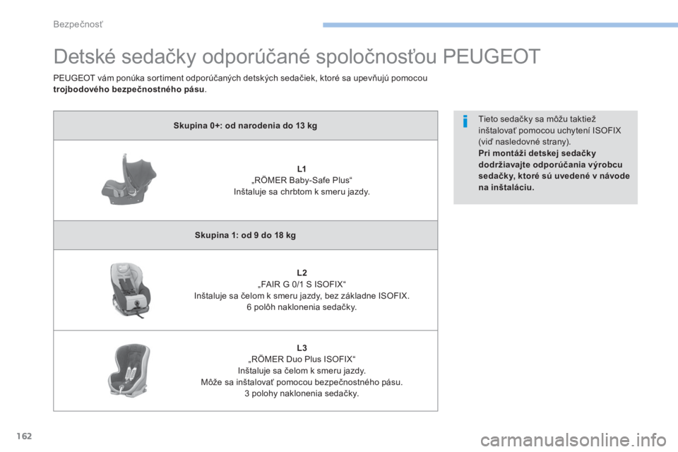 PEUGEOT 4008 2017 Návod na použitie (in Slovakian) 162
4008_sk_Chap06_securite_ed01-2016
Detské sedačky odporúčané spoločnosťou PEUGEOT
Skupina 0+: od narodenia do 13 kg
L1
„
RÖMER Baby-Safe Plus“
Inštaluje sa chrbtom k smeru jazdy.
Sk PEUGEOT 4008 2017 Návod na použitie (in Slovakian) 162
4008_sk_Chap06_securite_ed01-2016
Detské sedačky odporúčané spoločnosťou PEUGEOT
Skupina 0+: od narodenia do 13 kg
L1
„
RÖMER Baby-Safe Plus“
Inštaluje sa chrbtom k smeru jazdy.
Sk