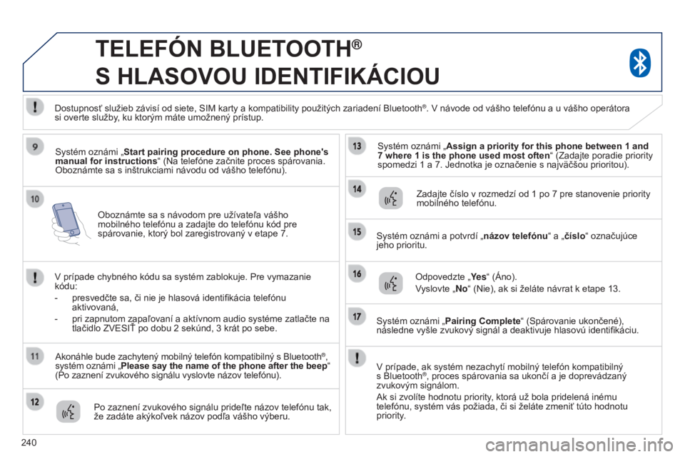 PEUGEOT 4008 2017 Návod na použitie (in Slovakian) 240
4008_sk_Chap10a_Mitsu3_ed01-2016
Oboznámte sa s návodom pre užívateľa vášho
mobilného telefónu a zadajte do telefónu kód pre
spárovanie, ktorý bol zaregistrovaný v etape 7.
TELEFó PEUGEOT 4008 2017 Návod na použitie (in Slovakian) 240
4008_sk_Chap10a_Mitsu3_ed01-2016
Oboznámte sa s návodom pre užívateľa vášho
mobilného telefónu a zadajte do telefónu kód pre
spárovanie, ktorý bol zaregistrovaný v etape 7.
TELEFó