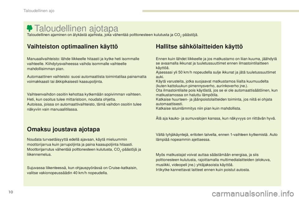 PEUGEOT 4008 2017 Omistajan Käsikirja (in Finnish) 10
4008_fi_Chap00c_eco-conduite_ed01-2016
Taloudellinen ajotapaTaloudellinen ajaminen on älykästä ajamista, joka vähentää polttonesteen kulutusta ja CO2-päästöjä.
Vaihteiston optimaalinen kà PEUGEOT 4008 2017 Omistajan Käsikirja (in Finnish) 10
4008_fi_Chap00c_eco-conduite_ed01-2016
Taloudellinen ajotapaTaloudellinen ajaminen on älykästä ajamista, joka vähentää polttonesteen kulutusta ja CO2-päästöjä.
Vaihteiston optimaalinen kÃ