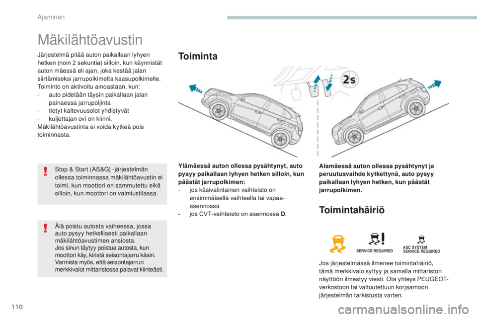 PEUGEOT 4008 2017 Omistajan Käsikirja (in Finnish) 110
4008_fi_Chap04_conduite_ed01-2016
Mäkilähtöavustin
Järjestelmä pitää auton paikallaan lyhyen
hetken (noin 2 sekuntia) silloin, kun käynnistät
a
uton mäessä eli ajan, joka PEUGEOT 4008 2017 Omistajan Käsikirja (in Finnish) 110
4008_fi_Chap04_conduite_ed01-2016
Mäkilähtöavustin
Järjestelmä pitää auton paikallaan lyhyen
hetken (noin 2 sekuntia) silloin, kun käynnistät
a
uton mäessä eli ajan, joka
