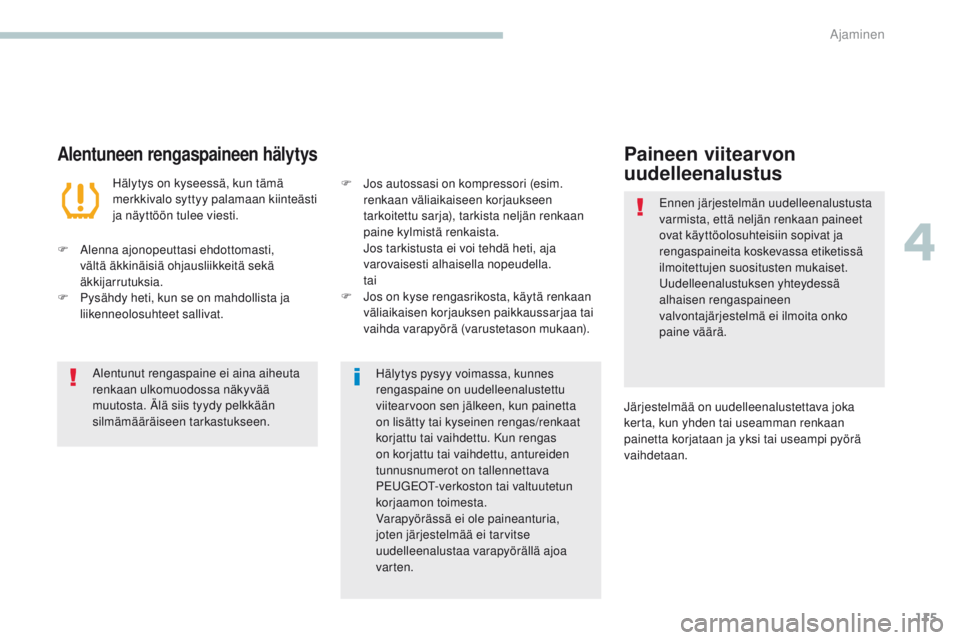 PEUGEOT 4008 2017 Omistajan Käsikirja (in Finnish) 115
4008_fi_Chap04_conduite_ed01-2016
Alentuneen rengaspaineen hälytys
Hälytys on kyseessä, kun tämä
merkkivalo syttyy palamaan kiinteästi
ja näyttöön tulee viesti.
F
A
lenna ajonopeutta PEUGEOT 4008 2017 Omistajan Käsikirja (in Finnish) 115
4008_fi_Chap04_conduite_ed01-2016
Alentuneen rengaspaineen hälytys
Hälytys on kyseessä, kun tämä
merkkivalo syttyy palamaan kiinteästi
ja näyttöön tulee viesti.
F
A
lenna ajonopeutta