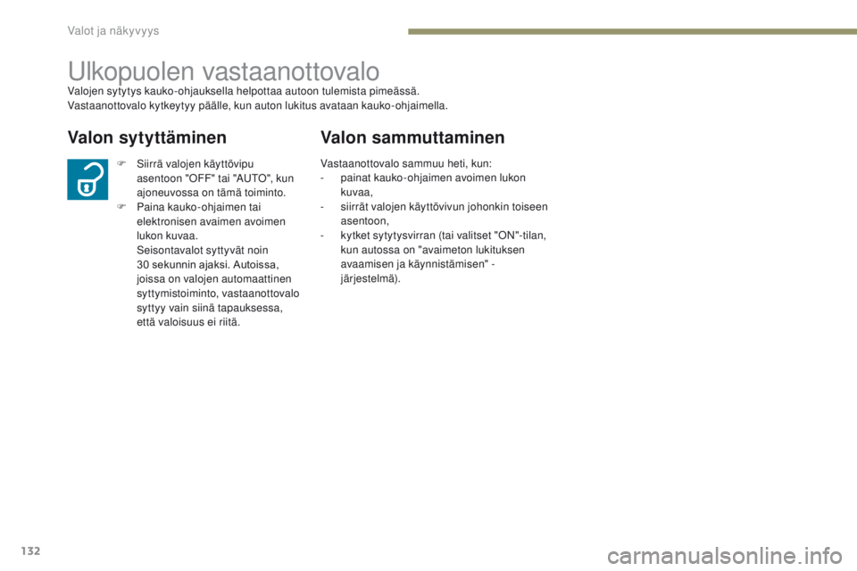 PEUGEOT 4008 2017 Omistajan Käsikirja (in Finnish) 132
4008_fi_Chap05_Eclairage-et-visibilite_ed01-2016
Ulkopuolen vastaanottovaloValojen sytytys kauko-ohjauksella helpottaa autoon tulemista pimeässä.
Vastaanottovalo kytkeytyy päälle, kun auton lu PEUGEOT 4008 2017 Omistajan Käsikirja (in Finnish) 132
4008_fi_Chap05_Eclairage-et-visibilite_ed01-2016
Ulkopuolen vastaanottovaloValojen sytytys kauko-ohjauksella helpottaa autoon tulemista pimeässä.
Vastaanottovalo kytkeytyy päälle, kun auton lu
