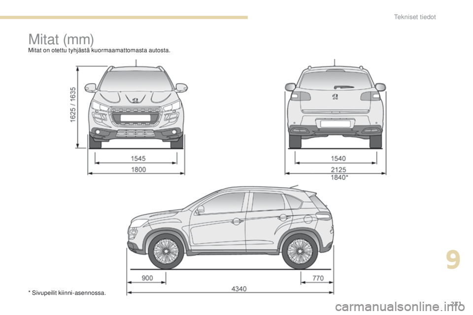 PEUGEOT 4008 2017 Omistajan Käsikirja (in Finnish) 231
4008_fi_Chap09_caracteristiques-techniques_ed01-2016
M i t at (m m)Mitat on otettu tyhjästä kuormaamattomasta autosta.
* Sivupeilit kiinni-asennossa.
9
Tekniset tiedot PEUGEOT 4008 2017 Omistajan Käsikirja (in Finnish) 231
4008_fi_Chap09_caracteristiques-techniques_ed01-2016
M i t at (m m)Mitat on otettu tyhjästä kuormaamattomasta autosta.
* Sivupeilit kiinni-asennossa.
9
Tekniset tiedot